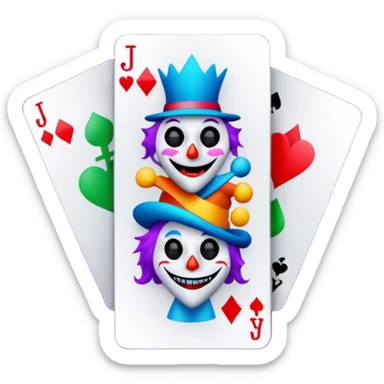 bunch of 3 poker cards, with crazy colorful jolly jokers inside, inversed face sticker