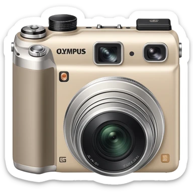 Hyper-simplified Olympus Superzoom 70G camera, grayish-beige color, flat design with only the most essential single feature indicated sticker