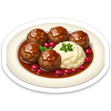 Meatballs with mashed potatoes, pickled cucumber, lingonberries and gravy sticker