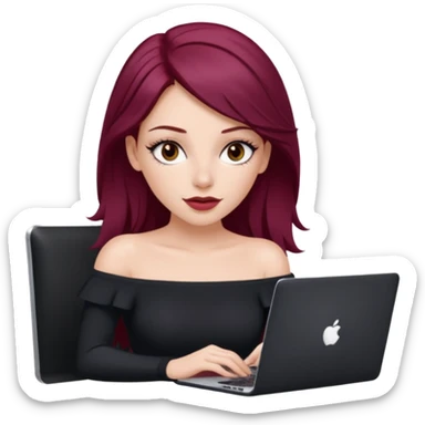 white girl, long blow-out style with middle part, burgundy hair, brown eyes, long eyelashes, full lips, off the shoulder black fitted top, laptop in front  sticker