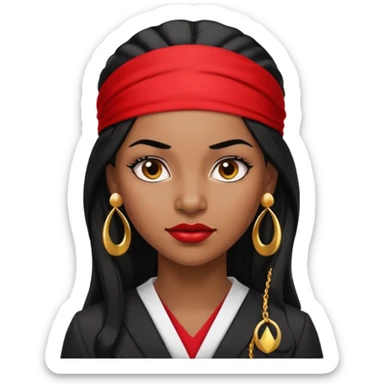 Black woman, 30 years old, lawyer, long black hair, red headband, strong and sharp expression, small round earrings sticker