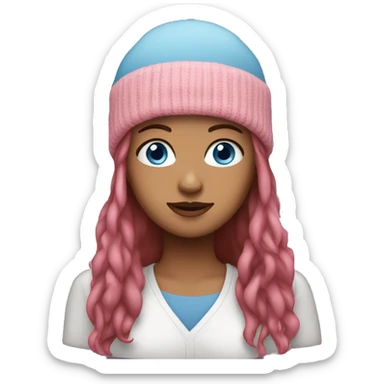 woman with blue eyes, long brown hair, and pink beanie sticker