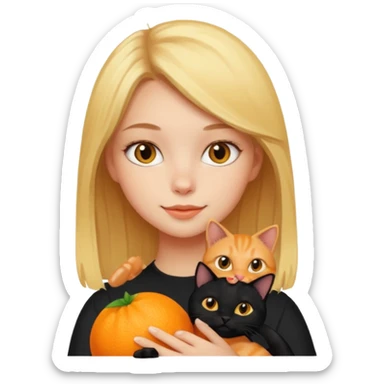 Cute blonde girl holding an orange cat and a black cat sticker
