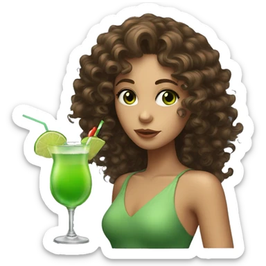 A girl with curly brown hair and green eyes, sipping a cocktail sticker