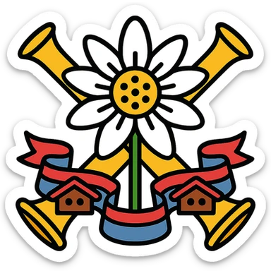 two crossed alpine horns behind an edelweiss, with folkloric ribbons and small chalet motifs, colorful icon style, kitsch and mountainous atmosphere sticker