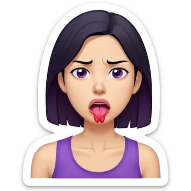 A digitally illustrated emoji-style character of a woman with shoulder-length black hair, wearing a purple shirt. Her expression shows extreme exhaustion or dehydration—her eyes are bloodshot and dry, her tongue is sticking out, and she has a single sweat drop on her cheek. The image has a clean white background sticker