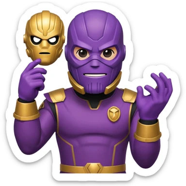 playful emoji icon of Thanos in Squid Game guard uniform, red jumpsuit, black mask with triangle, purple skin, strong jaw, Infinity Gauntlet, minimalistic, bold lines, bright, cute sticker