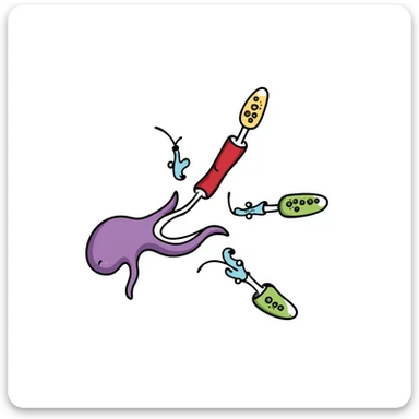 Anatomical diagram of anti-diabetic mechanism: purple pancreas releasing blue insulin molecules, red blood vessels with yellow glucose particles, green cell receptors accepting insulin. Hand-drawn illustration showing glucose regulation with arrows indicating reduced blood sugar levels. sticker