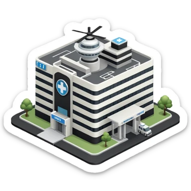 hospital isometric view building with heliport sticker