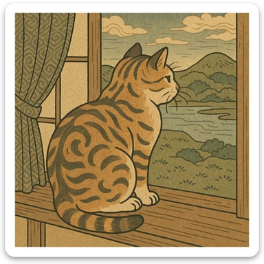 ukiyo-e style illustration of a cat sitting on a windowsill sticker