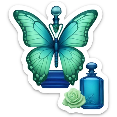  pastel green butterfly resting on an elegant blue perfume bottle with fork dark blue details. sticker
