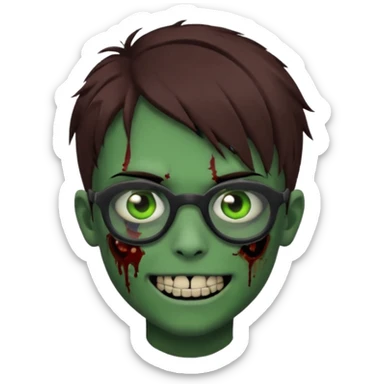 Zombie emo boy, green skin and brown hair, black glasses and a scary smile, scars and blood under eyes sticker