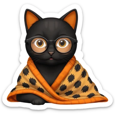 Black female cat on computer, long eyelashes, straight black hair, round glasses and she wears a blanket with an orange pattern sticker