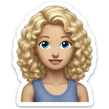 realistic caucasian long curly blonde blue eyed woman purple top blue jeans white sneakers sticker