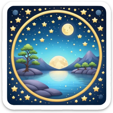 "Design a calming circle emoji for evening reflection. Soft moonlight, gentle stars, peaceful or spiritual symbols. No people - emphasize tranquil colors, night sky elements, and serene spiritual imagery." sticker