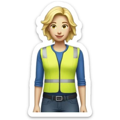 Ikea coworker blond woman blue stripes blue t-shirt and yellow security vest scanning palets sticker