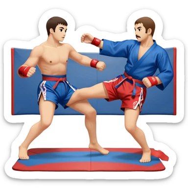 An icon symbolizing Sambo, featuring two fighters in blue and red kimonos with shorts. One executes a powerful throw, while the other attempts a defensive grab. The fighters are engaged in a grapple, using joint locks and sweeps. The background features a wrestling mat, highlighting the technical aspect of the sport. Transparent background. sticker