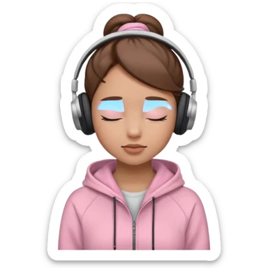 light skin girl, brown hear in a bun, eyes are closed, wearing headphones, light pink hoodie sticker