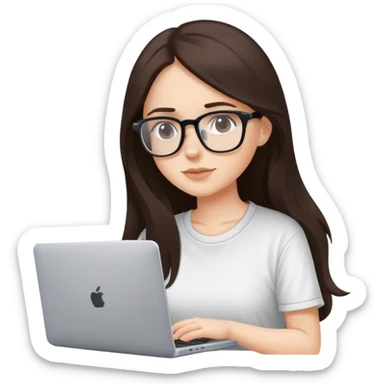 chica blanca con pelo castaño oscuro largo un poco debajo de los hombros, con camiseta bonita, con gafas de vista, y que se vea trabajando con un portatil sin logo  sticker