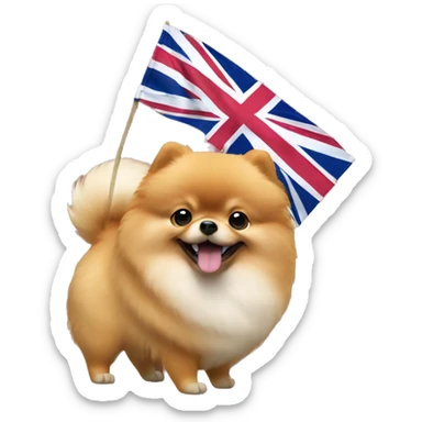 Fat Pomeranian spitz waiving small uk flag in its hand sticker
