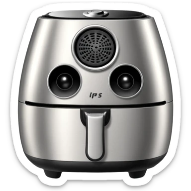An air fryer with the knobs and handles made to look it's eyes, nose and mouth, hysterically crying with laughter sticker