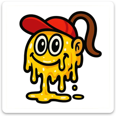Diddy Kong as a melting smiley face, cartoon style, big eyes, gooey texture sticker