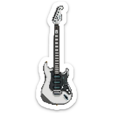 White electric guitar with sleek shiny body, black strings, and smooth neck sticker