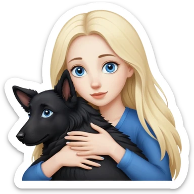 pretty woman with pale skin and with BLUE eyes and very long blonde hair  hugging a black shepherd dog sticker
