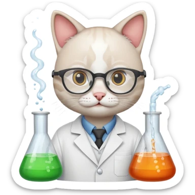 cat scientist mixing chemicals in beakers sticker
