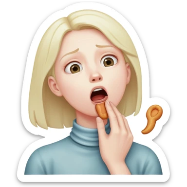 person choking themself while looking up sticker