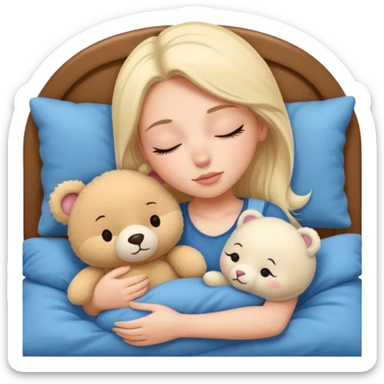 single-girl-in-Warm Cream-cozy-blue-bed-sleeping-pretty-eyelashes-light-skin-with toy sticker