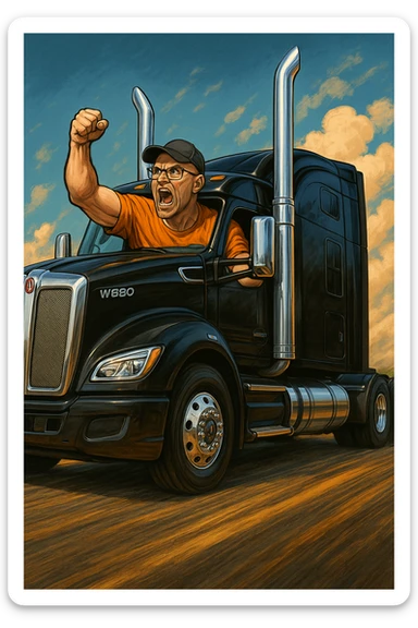 2026 Kenworth W680 black sleeper semi truck with tall chrome stacks, an angry bald man in an orange shirt, glasses, and baseball cap arm pumping out the window, detailed, vibrant, energetic scene sticker
