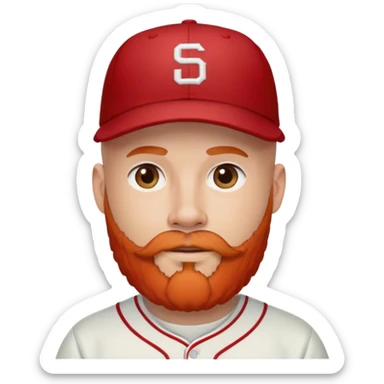 Bald person with baseball hat on and a red beard sticker