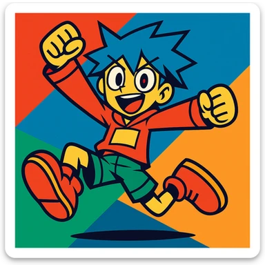 Maretu xydrick, energetic character with bold colors, dynamic pose, stylized design sticker