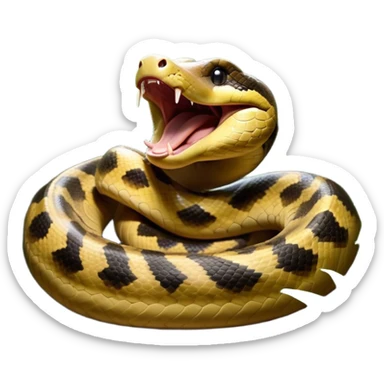 Cinematic Cute Yawning Anaconda Portrait Emoji, Head tilted slightly with a dramatic, wide-open yawn, showcasing a sinuous, scaled form with half-closed, drowsy eyes and an open, relaxed mouth, Simplified yet irresistibly adorable features, highly detailed, glowing with a soft, cozy jungle glow, high shine, relaxed yet expressive, stylized with a dash of whimsical reptilian charm, soft glowing outline, capturing the essence of a drowsy yet affectionate anaconda that appears ready to stretch out for a nap! sticker