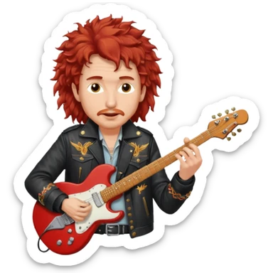 realistic cinematic Bob Dylan, unshaven and long haired, in a motor jacket embroidered with bronze cranes, plays an electric guitar, his long curly hair is red from the spotlights sticker