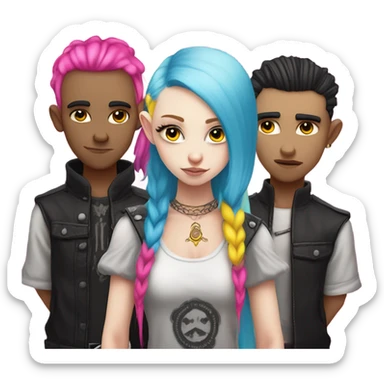 Blue eyed long eye lashes pout blonde and pink hair pale hime gyaru girl, hot pink and yellow split-dyed hair, nose ring, elf ears, dark makeup, punk clothes standing next to three diffrent men praying  sticker