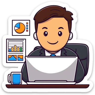 corporate guy with brown hair, smiling at computer with CRM charts sticker