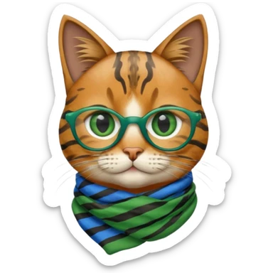 Apple Emoji-style cat head with tabby fur pattern, tinted green glasses, blue striped scarf, and large green eyes. The emoji should only feature the cat's head with no additional body parts. sticker