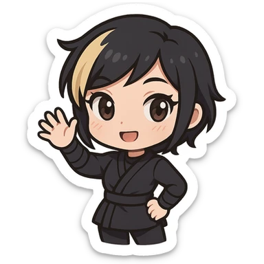 Chibi ninja girl with black short hair and a blonde streak, big head, small body and arms, not overly round or infant-like, cute and playful, anime-style face with large expressive eyes, small nose and mouth, subtle blush, hand fully raised, waving to the left, smiling, pastel colors, soft shading, clean outlines, no mask, transparent background, face looks sexy with slightly parted lips, confident gaze, longer lashes, subtle contouring. sticker