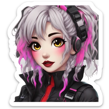 Gorgeous bright colorful neon gothic techwear anime style lady with blushing face aesthetic and pretty edgy black red punk messy wild cute hair with collar and harness trending style sticker
