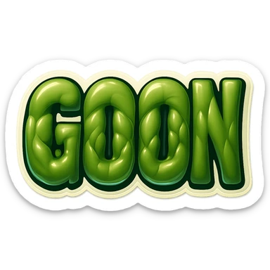 Add a glossy effect to the word GOON with realistic shiny and reflective skin over muscled letters, emphasizing the muscle bulges underneath. Maintain the retro sticker style with no background. sticker