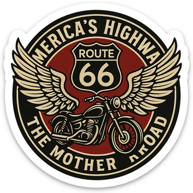 circular design for motorcycle cap, transparent background, text 'AMERICA'S HIGHWAY - ROUTE 66 - THE MOTHER ROAD', motif: motorcycle, wing, Route 66 sign, iconic style sticker