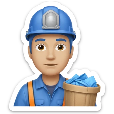 blue garbage man with blue helmet holding garbage  sticker