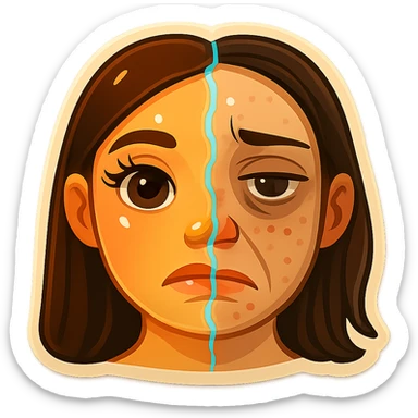 Transform the split-face image so both sides look less realistic and more like expressive emoji faces. The left half should be a flawless, glowing, influencer-style emoji face with oversized eyes and plump lips. The right half should be a tired, unfiltered emoji face with dark circles, blemishes, and a frown. Keep the glitch effect down the middle like a cracked mirror. sticker