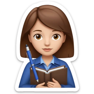 girl with brown hair holding a notebook and a notebook, marketing theme, iOS 18 emoji style sticker