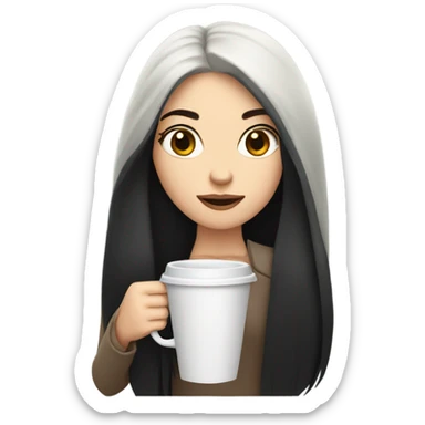 pale girl with a long black hair drinking a coffe sticker