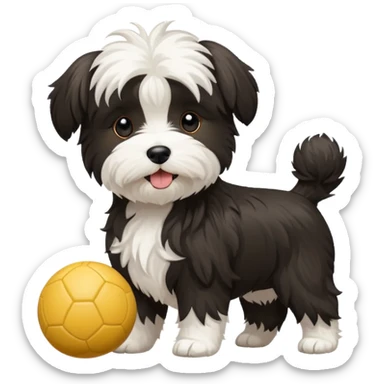 mostly white & black Havenese dog standing with ball sticker