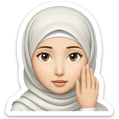 a white asian Muslim woman are thinking something. Her eyes rolling to up right. Her hand touching face. sticker