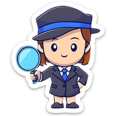 girl in a business suit, wearing a detective hat, holding a magnifying glass, in an investigating pose sticker